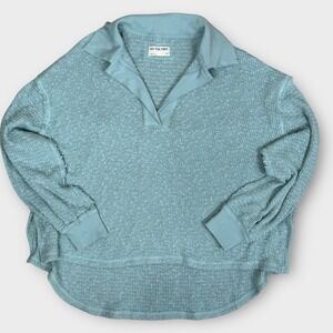 Free People We The Free Knit Catch Waves Hacci Blue Collar Top Sweater Size M